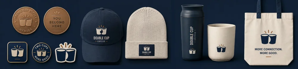 Double Cup member goods — member coin, You Belong Here coin, enamel pin, patch, tumbler, cup, cap and beanie
