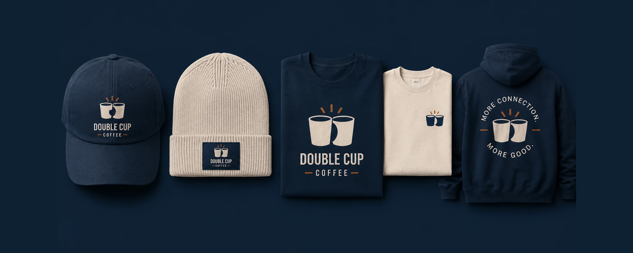 Double Cup Coffee apparel lineup on a navy background — a navy cap, cream beanie, navy tee, cream crewneck, and navy hoodie, each carrying the two-cups logo.