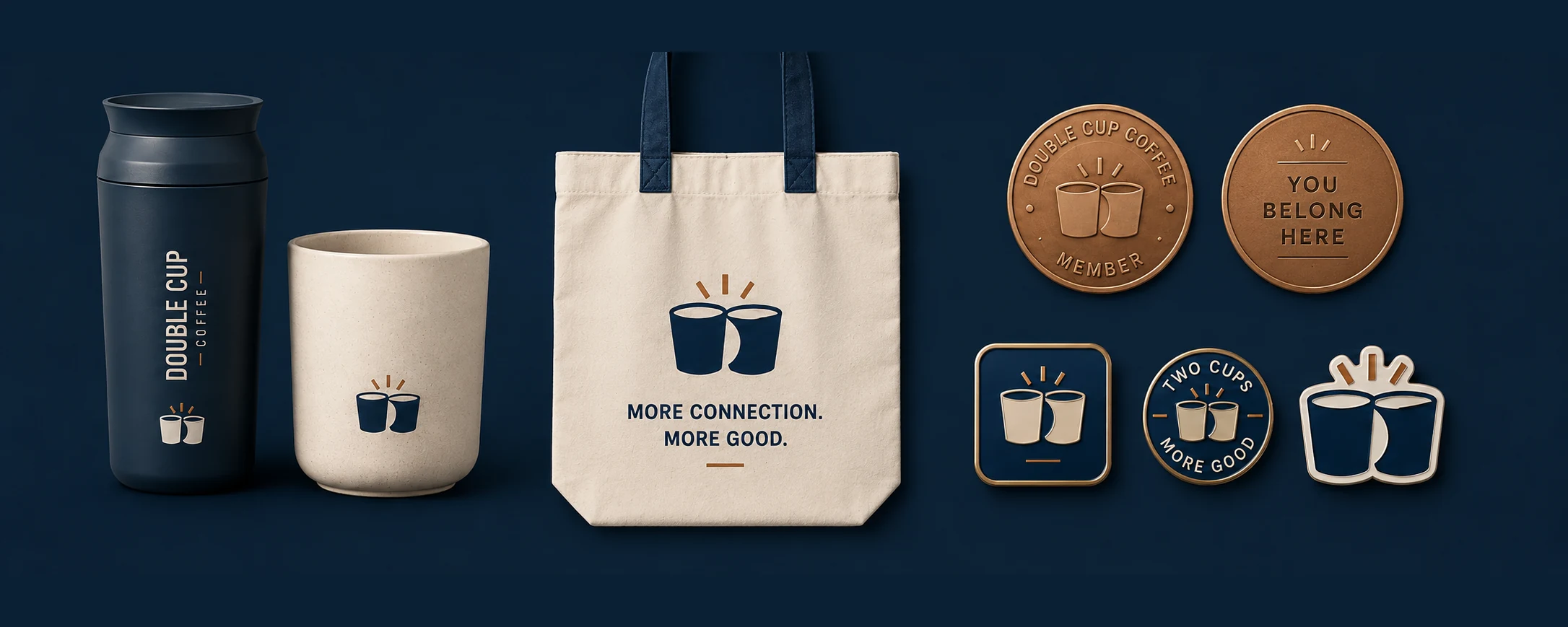 Double Cup Coffee goods — a travel tumbler, ceramic mug, canvas tote reading More Connection. More Good., bronze Member and You Belong Here coins, and enamel pins and stickers.