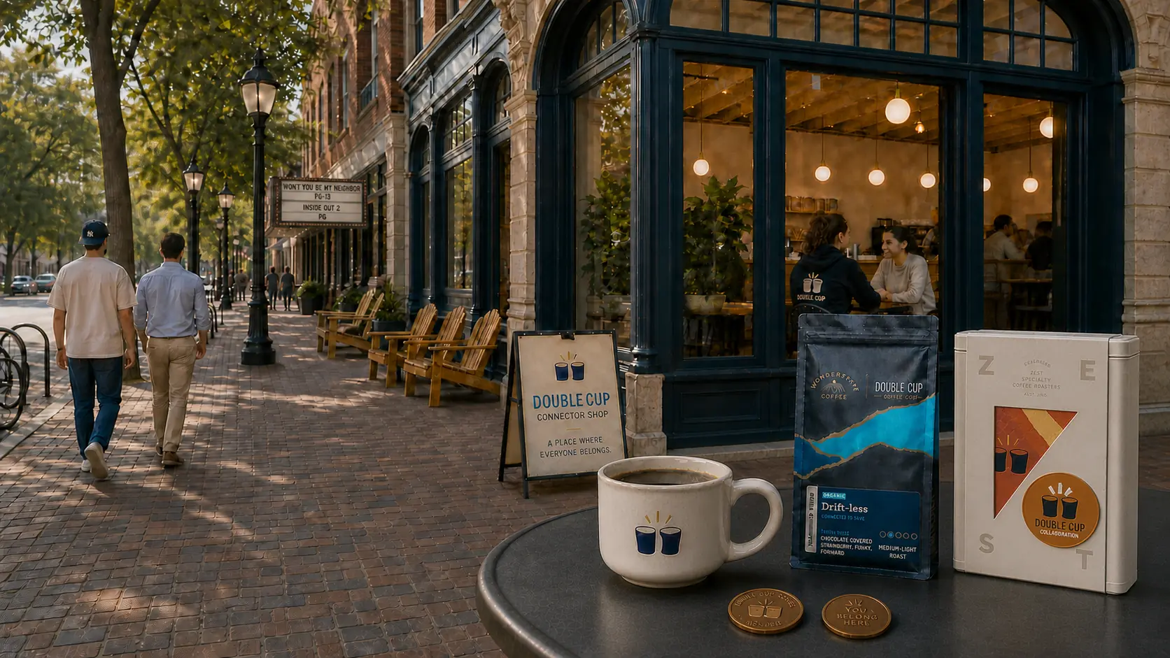 A Double Cup Connector Shop sidewalk sign reading A Place Where Everyone Belongs outside a warm neighborhood coffee shop, with a Double Cup mug, a Wonderstate x Double Cup coffee bag, a collaboration box, and member coins on a sidewalk table.